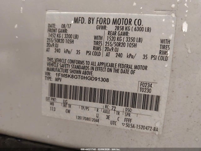1FM5K8GT0HGD91308 Ford EXPLORER SPORT