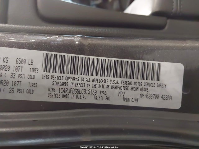 2020 Jeep Grand Cherokee Limited 4x4 მანქანა იყიდება აუქციონზე, vin: 1C4RJFBG9LC313150, აუქციონის ნომერი: 44321833