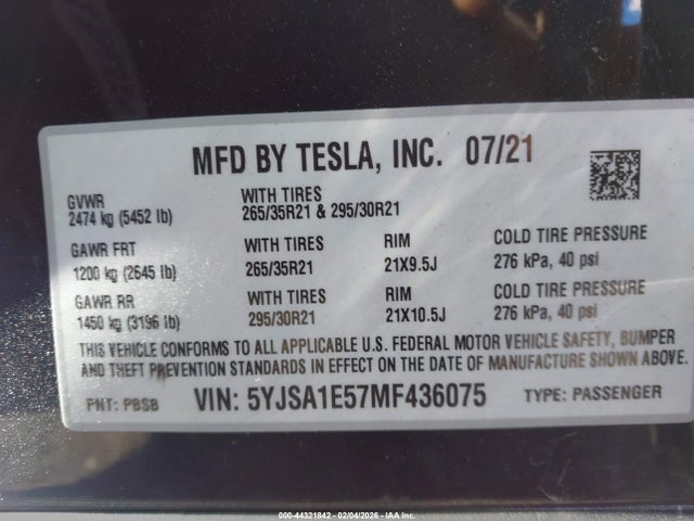 2021 TESLA MODEL S 5YJSA1E57MF436075 Photo 8