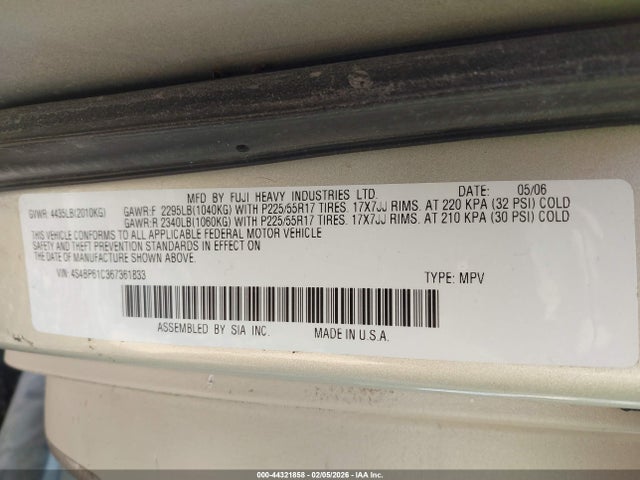Aukcja sprzedaży 2006 Subaru Outback 2.5i, vin: 4S4BP61C367361833, numer aukcji: 44321858