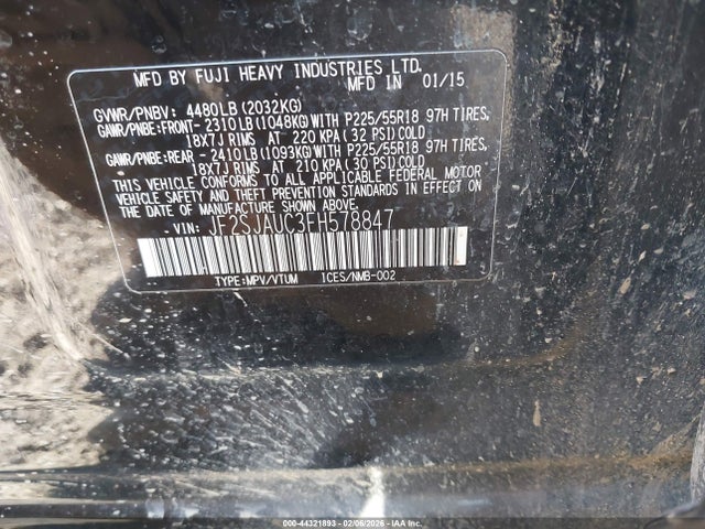2015 Subaru Forester 2.5i Touring მანქანა იყიდება აუქციონზე, vin: JF2SJAUC3FH578847, აუქციონის ნომერი: 44321893