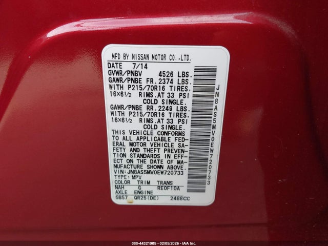 JN8AS5MV0EW720733 Nissan Rogue Select S