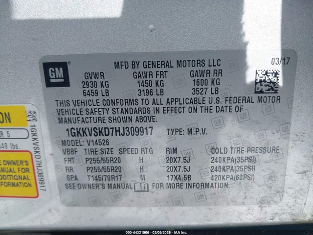 1GKKVSKD7HJ309917 GMC Acadia Limited