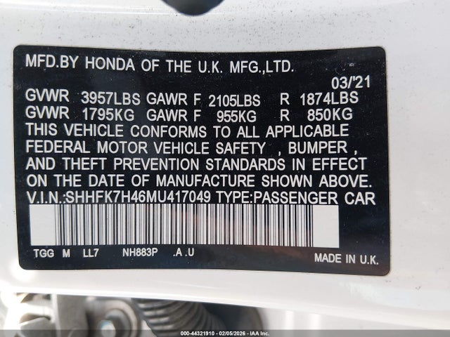 SHHFK7H46MU417049 Honda Civic Sport