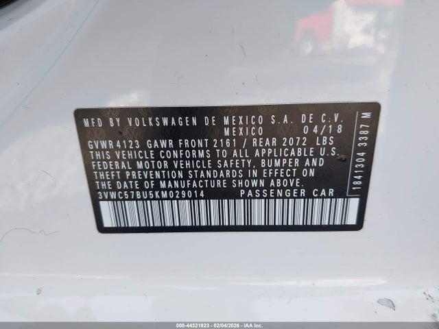 3VWC57BU5KM029014 Volkswagen Jetta 1.4t R-line/1.4t S/1.4t Se