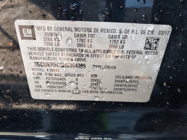 44321963 :رقم المزاد ، 3GCUKREC5HG364389 vin ، 2017 Chevrolet Silverado 1500 2lt مزاد بيع