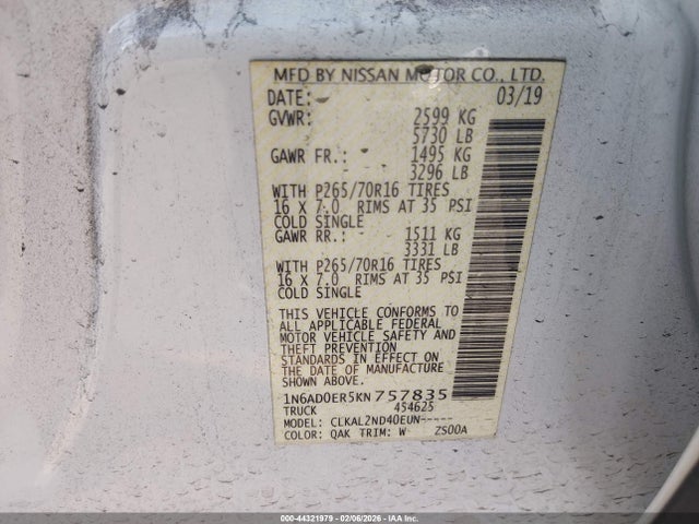 1N6AD0ER5KN757835 Nissan Frontier Sv