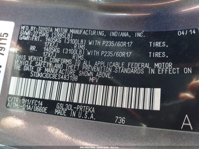 5TDKK3DC8ES483198 Toyota Sienna Le V6 8 Passenger