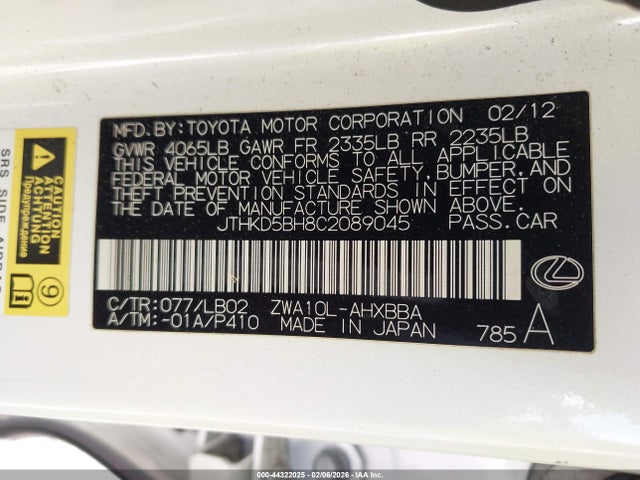 44322025 :رقم المزاد ، JTHKD5BH8C2089045 vin ، 2012 Lexus Ct 200h مزاد بيع