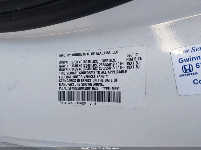 5FNRL6H9XJB041632 Honda Odyssey Elite