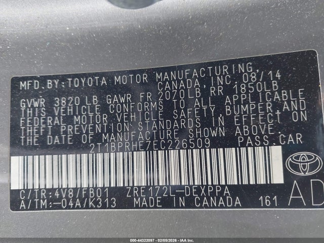 Toyota Corolla Le Eco Plus 2014 2T1BPRHE7EC226509 Image 9