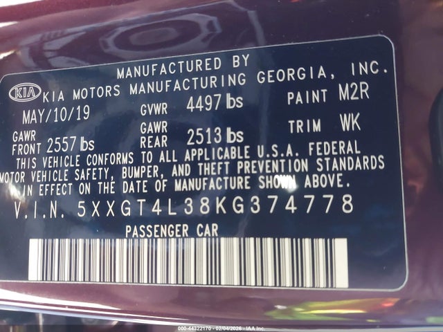 5XXGT4L38KG374778 KIA Optima Lx