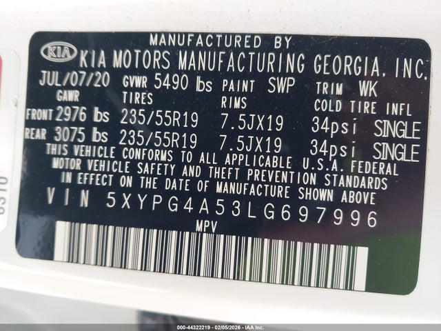 5XYPG4A53LG697996 KIA Sorento 3.3l S