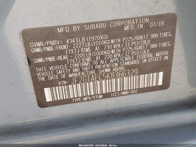 Subaru Crosstrek 2.0i Premium 2019 JF2GTAEC5K8366329 Image 9