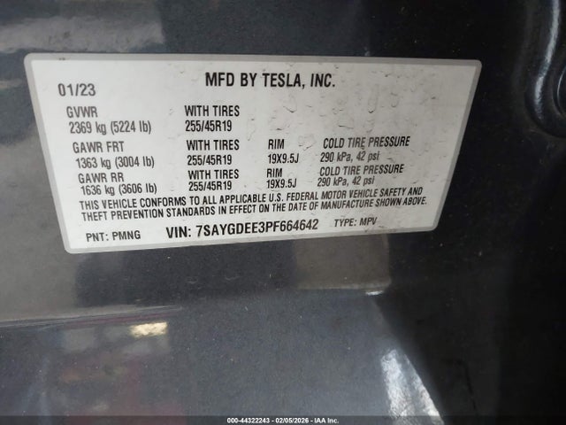 Продаж на аукціоні авто 2023 Tesla Model Y Awd/long Range Dual Motor All-wheel Drive, vin: 7SAYGDEE3PF664642, номер лоту: 44322243