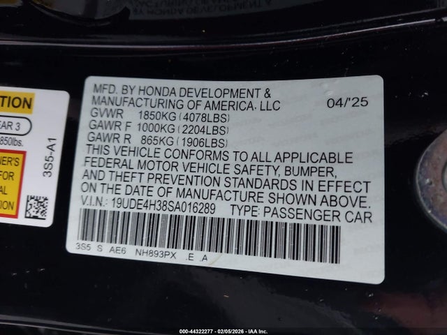 44322277 :رقم المزاد ، 19UDE4H38SA016289 vin ، 2025 Acura Integra A-spec مزاد بيع
