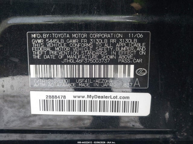 44322412 :رقم المزاد ، JTHGL46F375003737 vin ، 2007 Lexus Ls 460 L مزاد بيع