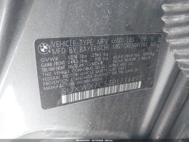 Aukcja sprzedaży 2011 Bmw X3 Xdrive35i, vin: 5UXWX7C53BL734492, numer aukcji: 44322591