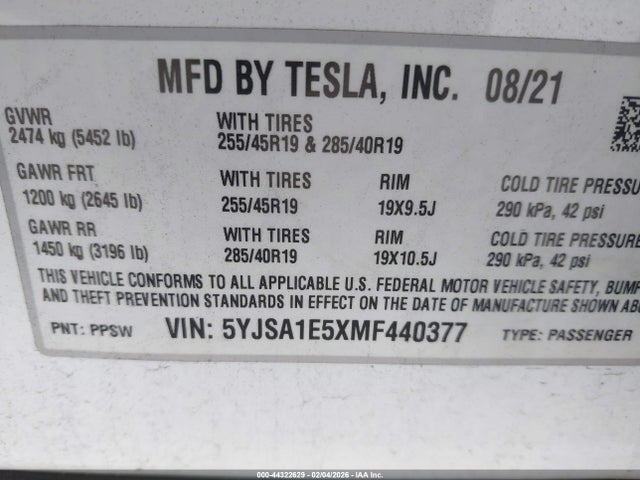 2021 TESLA MODEL S 5YJSA1E5XMF440377 Photo 8