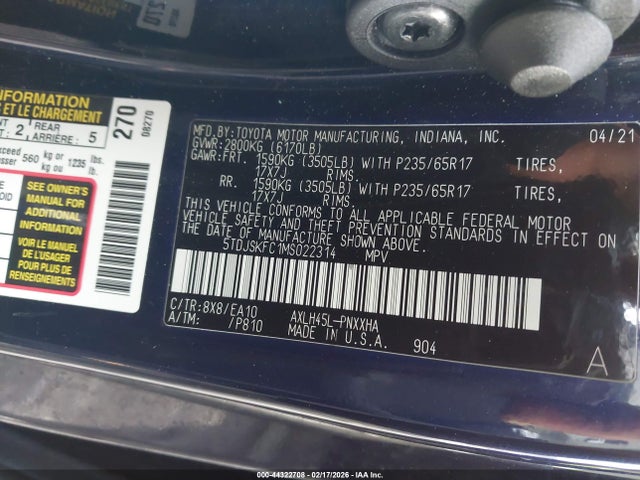 5TDJSKFC1MS022314 Toyota SIENNA XLE