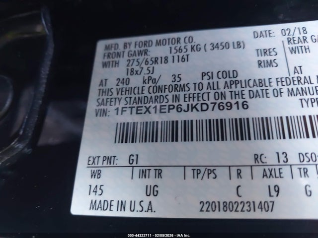 Aukcja sprzedaży 2018 Ford F-150 Xlt, vin: 1FTEX1EP6JKD76916, numer aukcji: 44322711