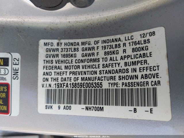 2009 Honda Civic Ex მანქანა იყიდება აუქციონზე, vin: 19XFA15859E005355, აუქციონის ნომერი: 44322720