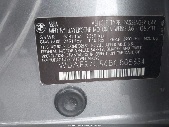 44322785 :رقم المزاد ، WBAFR7C56BC805354 vin ، 2011 Bmw 535i مزاد بيع