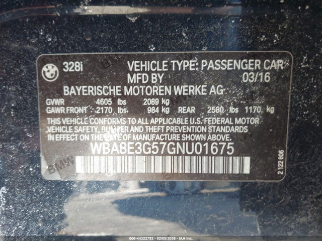 44322792 :رقم المزاد ، WBA8E3G57GNU01675 vin ، 2016 Bmw 328i Xdrive مزاد بيع