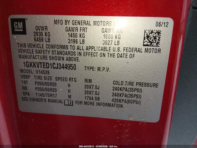 Aukcja sprzedaży 2012 Gmc Acadia Denali, vin: 1GKKVTED1CJ344950, numer aukcji: 44322912