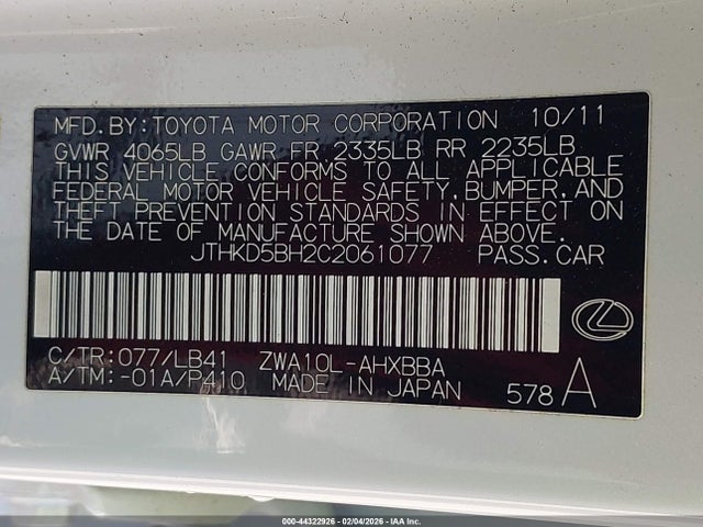 44322926 :رقم المزاد ، JTHKD5BH2C2061077 vin ، 2012 Lexus Ct 200h Premium مزاد بيع