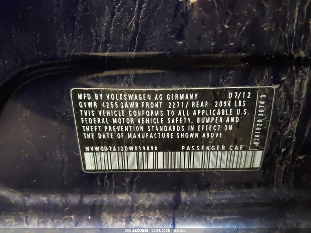 44322929 :رقم المزاد ، WVWGD7AJ2DW039498 vin ، 2013 Volkswagen Gti مزاد بيع