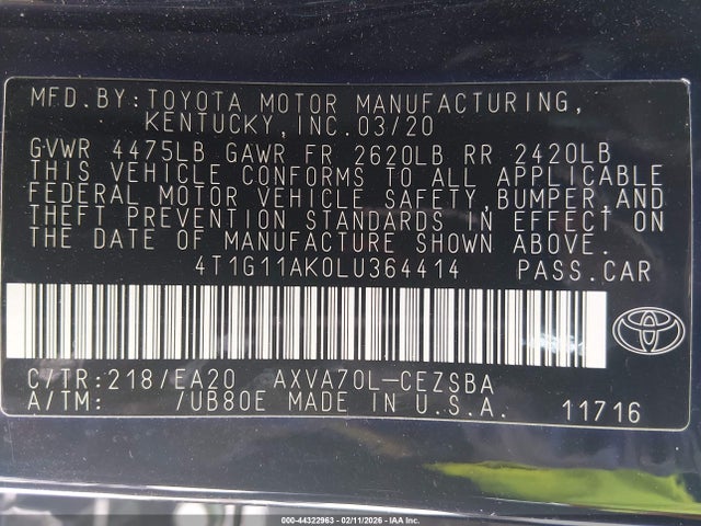 4T1G11AK0LU364414 Toyota CAMRY SE