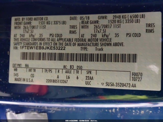 2018 Ford F-150 Xl მანქანა იყიდება აუქციონზე, vin: 1FTEW1EB9JKE53222, აუქციონის ნომერი: 44322996