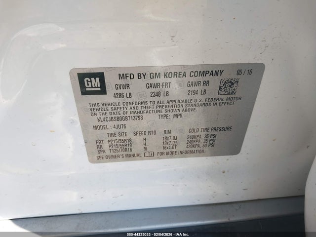 2016 Buick Encore Convenience მანქანა იყიდება აუქციონზე, vin: KL4CJBSB0GB713798, აუქციონის ნომერი: 44323033