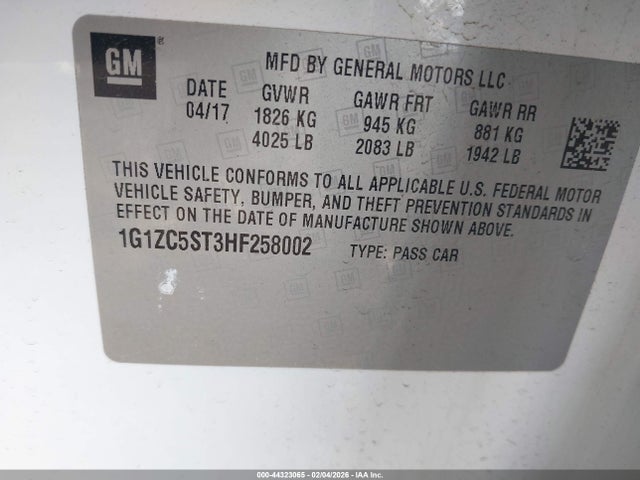 Aukcja sprzedaży 2017 Chevrolet Malibu 1fl, vin: 1G1ZC5ST3HF258002, numer aukcji: 44323065