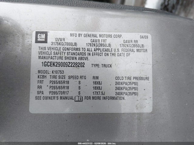 2009 Chevrolet Silverado 1500 Lt მანქანა იყიდება აუქციონზე, vin: 1GCEK29009Z228202, აუქციონის ნომერი: 44323122
