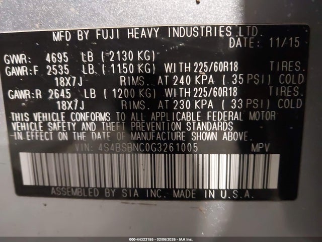 Aukcja sprzedaży 2016 Subaru Outback 2.5i Limited, vin: 4S4BSBNC0G3261005, numer aukcji: 44323155