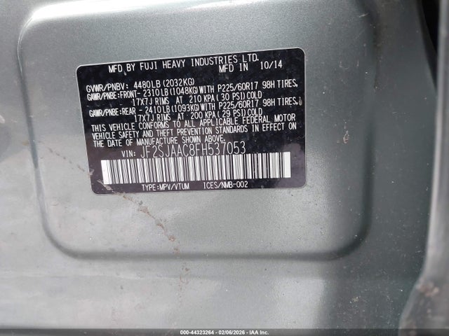 2015 Subaru Forester 2.5i მანქანა იყიდება აუქციონზე, vin: JF2SJAAC8FH537053, აუქციონის ნომერი: 44323264