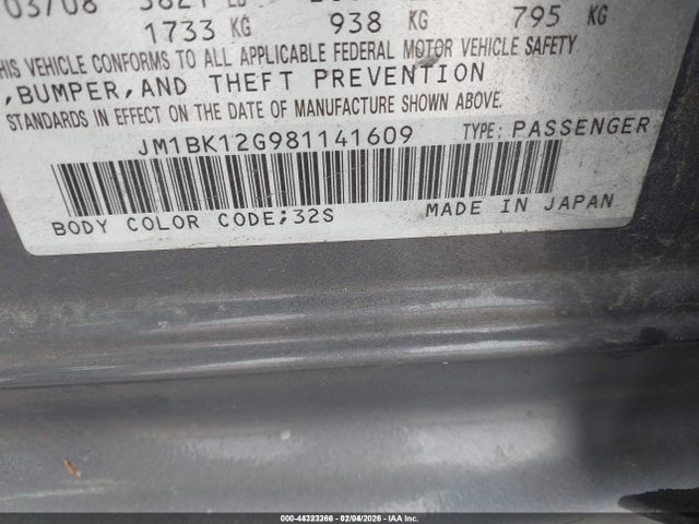 2008 Mazda Mazda3 I Sport მანქანა იყიდება აუქციონზე, vin: JM1BK12G981141609, აუქციონის ნომერი: 44323266