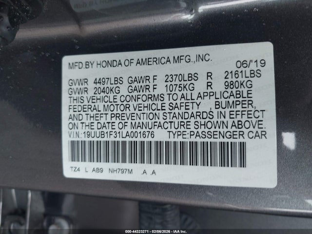 44323271 :رقم المزاد ، 19UUB1F31LA001676 vin ، 2020 Acura Tlx Standard مزاد بيع
