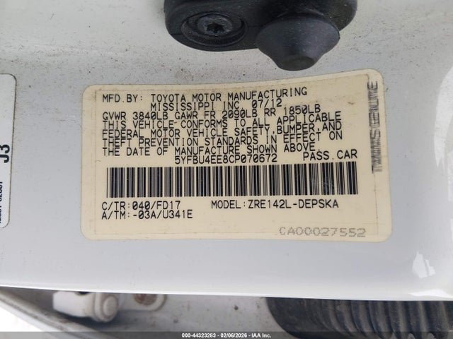 2012 Toyota Corolla S მანქანა იყიდება აუქციონზე, vin: 5YFBU4EE8CP070672, აუქციონის ნომერი: 44323283