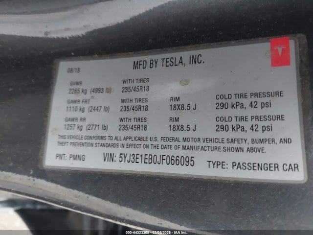 Aukcja sprzedaży 2018 Tesla Model 3 Long Range/performance, vin: 5YJ3E1EB0JF066095, numer aukcji: 44323308