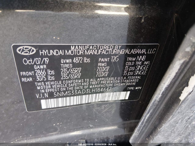 Aukcja sprzedaży 2020 Hyundai Santa Fe Sel, vin: 5NMS33AD3LH184647, numer aukcji: 44323316