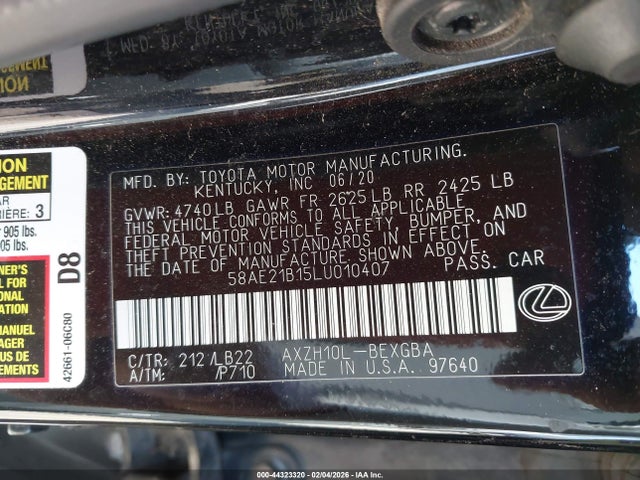 2020 Lexus Es 300h Luxury მანქანა იყიდება აუქციონზე, vin: 58AE21B15LU010407, აუქციონის ნომერი: 44323320
