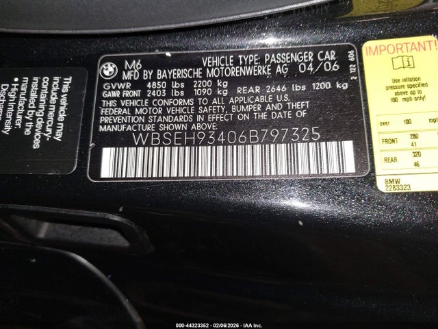 Продажа на аукционе авто 2006 Bmw M6, vin: WBSEH93406B797325, номер лота: 44323352