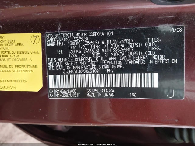 Aukcja sprzedaży 2009 Lexus Rx 350, vin: JTJHK31UX92062102, numer aukcji: 44323359