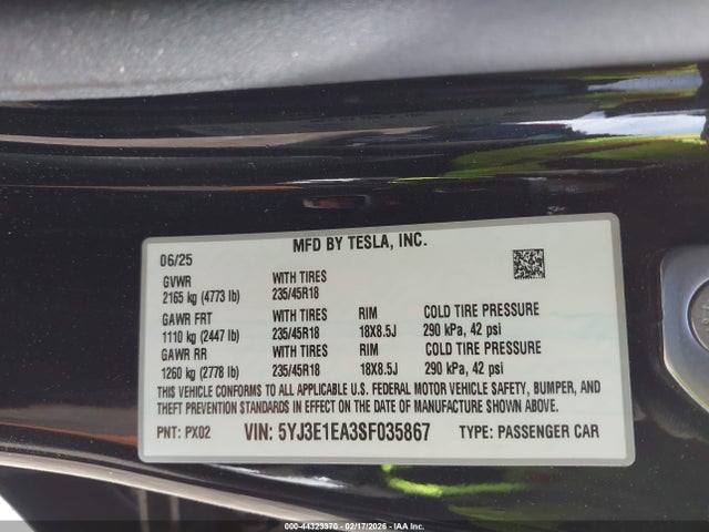 2025 Tesla Model 3 Long Range Rear-wheel Drive/standard Rear-wheel Drive მანქანა იყიდება აუქციონზე, vin: 5YJ3E1EA3SF035867, აუქციონის ნომერი: 44323370