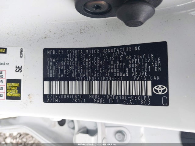 2026 Toyota Corolla Le მანქანა იყიდება აუქციონზე, vin: 5YFB4MDE7TP399994, აუქციონის ნომერი: 44323582