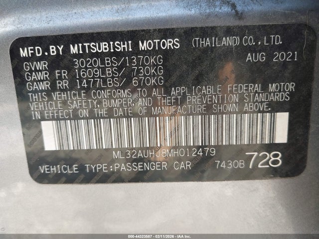 Продаж на аукціоні авто 2021 Mitsubishi Mirage Carbonite Edition/es/le, vin: ML32AUHJ8MH012479, номер лоту: 44323587