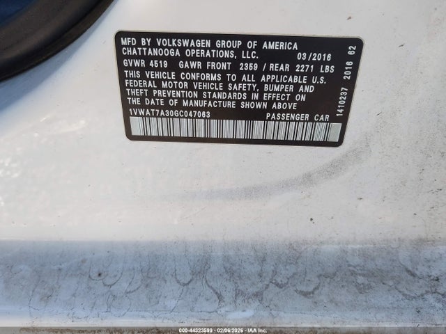 Aukcja sprzedaży 2016 Volkswagen Passat 1.8t R-line, vin: 1VWAT7A30GC047063, numer aukcji: 44323599